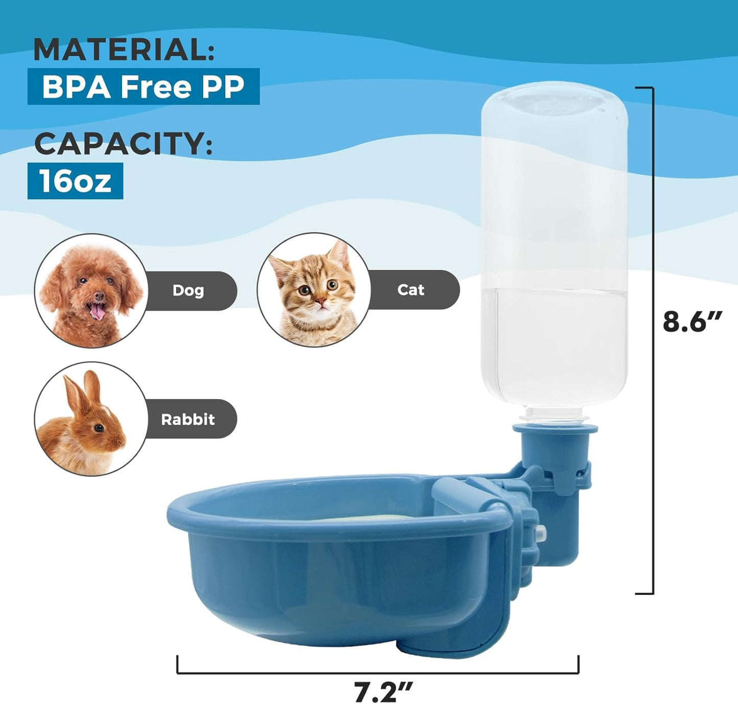 VANNON 16oz Pet Water Bottle, Gravity Dog Water Bowl Dispenser for Cage, Anti-Overflow Water Dispenser for Small Dogs, Cats, Rabbits and Other Small Animals, BPA Free, Blue