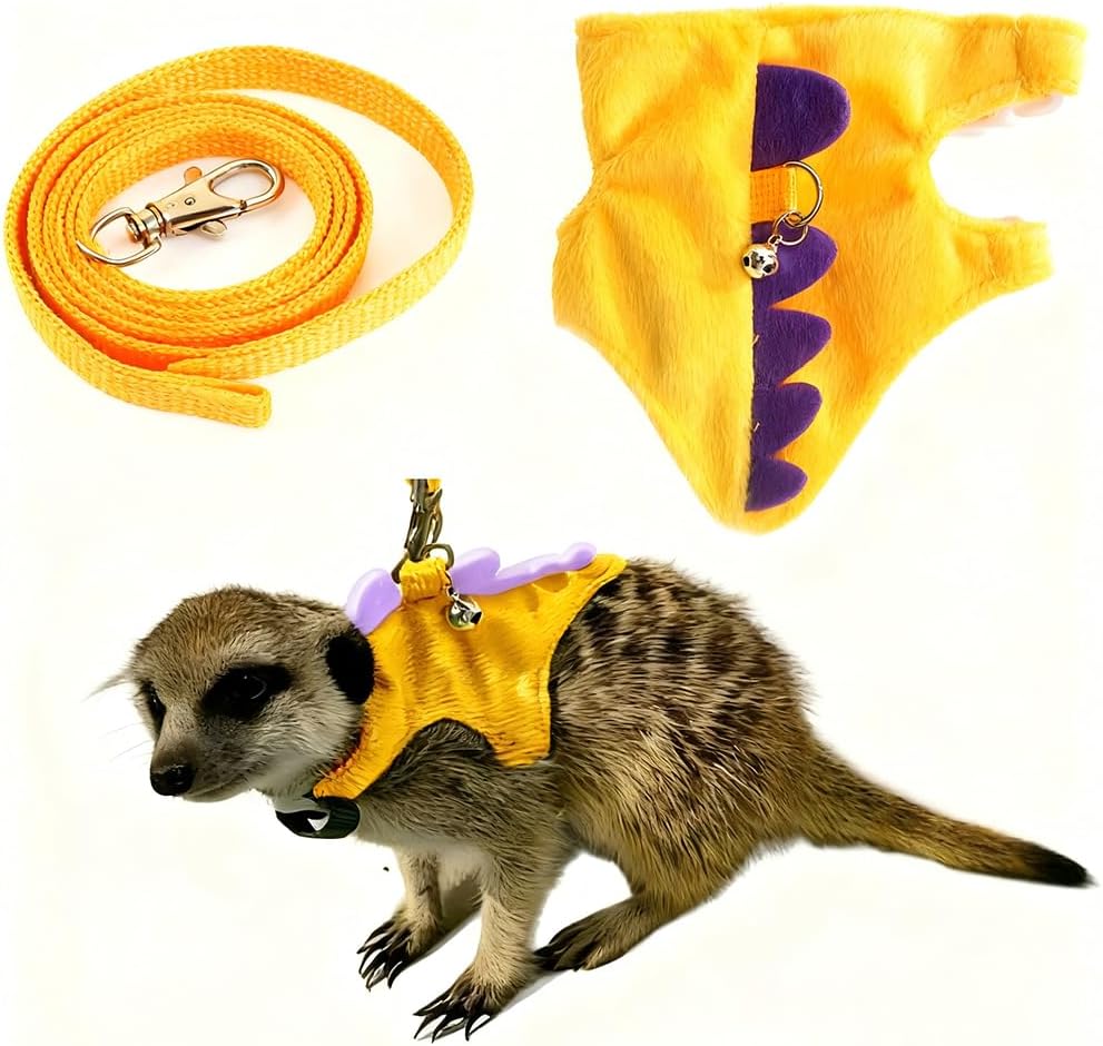 Ferret Leash and Harness Set, Dinosaur Design Small Animal Harness with Leash, Adjustable & Escape-Proof, Soft Plush Comfort for Rabbits, Kitten, Bunny, Hedgehog (Yellow)