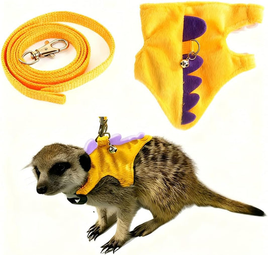 Ferret Leash and Harness Set, Dinosaur Design Small Animal Harness with Leash, Adjustable & Escape-Proof, Soft Plush Comfort for Rabbits, Kitten, Bunny, Hedgehog (Yellow)
