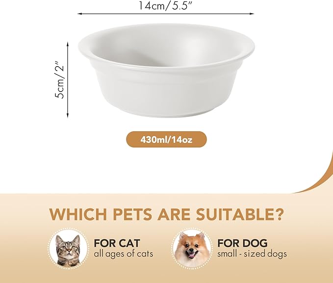 Ceramic 5.5inch Set of 2 Dog and Cat Bowls, 2pcs Basic Food and Water Dishes for Puppy, Kitty, Wide Opening Rounded Edge (2 Bowls, Matt White)