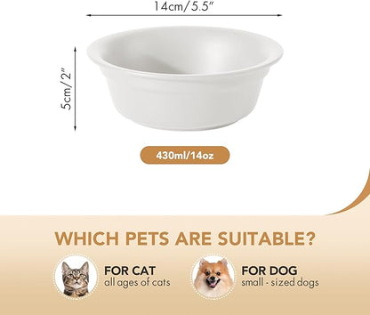 Ceramic 5.5inch Set of 2 Dog and Cat Bowls, 2pcs Basic Food and Water Dishes for Puppy, Kitty, Wide Opening Rounded Edge (2 Bowls, Matt White)