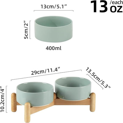 Ceramic 5.1inch Raised Double Bowls Set with Wooden Stand, Elevated Food & Water Bowls for Small Breed Dogs, Cats, Kitty, Weighted Dog Dishes, Pet Bowls(13.5oz, Light Green)