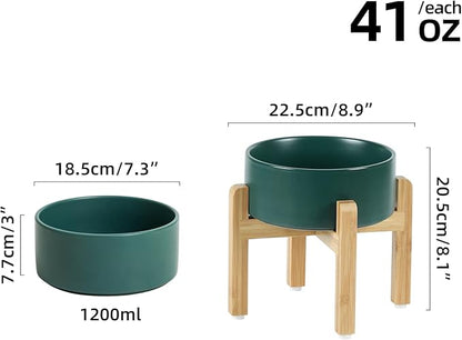 Ceramic Raised Dog Bowl Set, Elevated Dog Bowl with Stand, Food and Water Bowl for Medium Breed Dogs, Weighted Pet Dishes(7.3'',41OZ, Green)