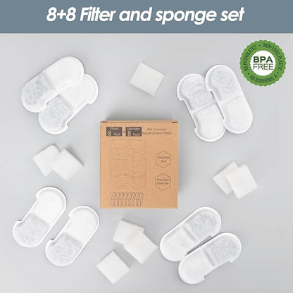 Official 8 Packs Cat Water Fountain Replacement Filters & Pre-Filter Sponges for 101oz/3L Stainless Steel Cat Water Fountain
