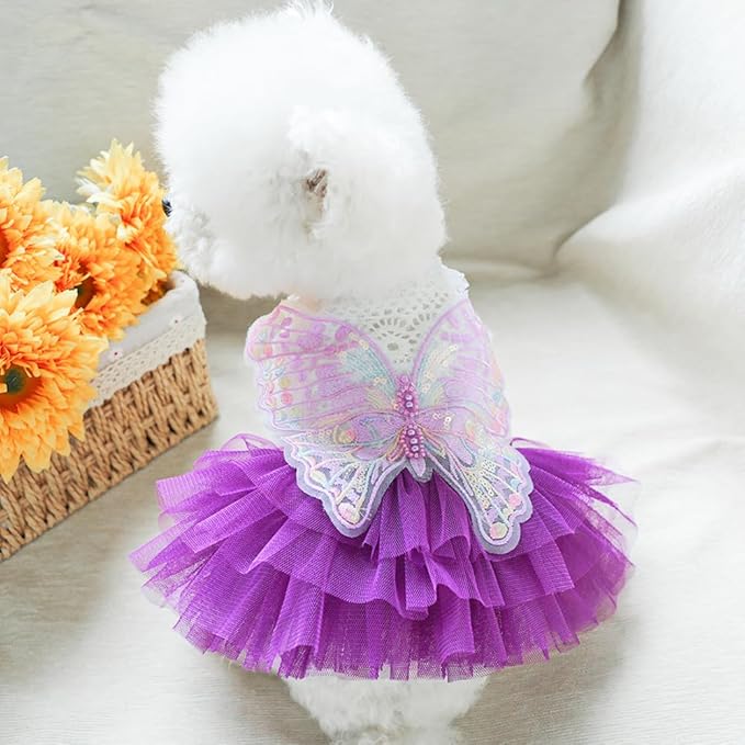 ANIAC Butterfly Dog Dress with Purple Tutu Funny Doggy Clothes with Wing Girl Puppy Dress for Small Dogs Pet Butterfly Costume Holiday Cat Outfit for Halloween Birthday Wedding (Purple, X-Large)
