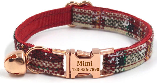 Personalized Cat Collar with Bells,Velvet Customized Small Cat Collar with Name Tag,Pet Collar with Name Phone Number Engraved ID Tags for Boy and Girl Kitten Cats (Khaki Christmas cat Collar)