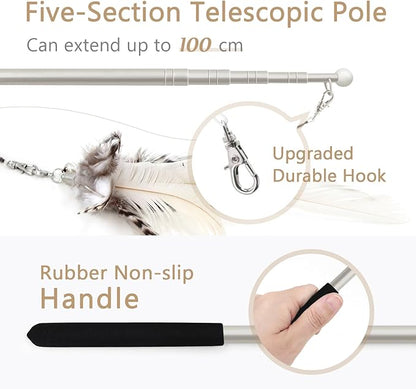 SONGWAY Cat Feather Wand - 7 Pcs Interactive Toys for Indoor Kitten, Retractable Wand With 6 Natural Feather Refills and Bell, Fishing Pole Toy