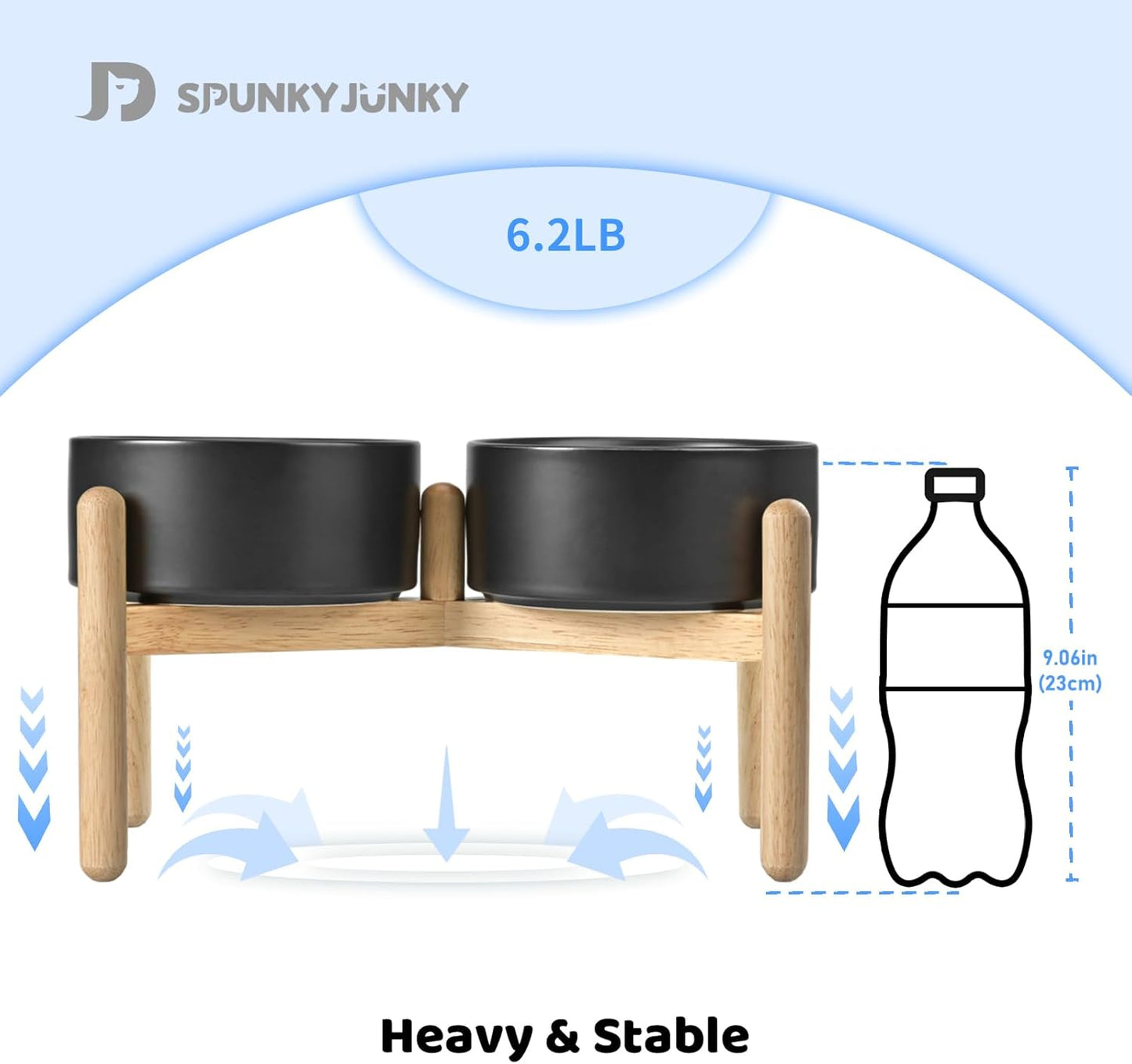SPUNKYJUNKY Ceramics Elevated Dog Bowls with Wooden Stand Raised Dog Bowl for Medium Large Dog Food and Water Pet Feeding Bowl(Double 60OZ Bowls,Black)