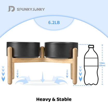 SPUNKYJUNKY Ceramics Elevated Dog Bowls with Wooden Stand Raised Dog Bowl for Medium Large Dog Food and Water Pet Feeding Bowl(Double 60OZ Bowls,Black)