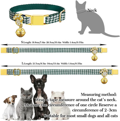 Personalized Breakaway Cat Collars - Magnetic Buckle, Bell - Safety Quick Release, Customized for Girls & Boys Cats- (Houndstooth-Green)
