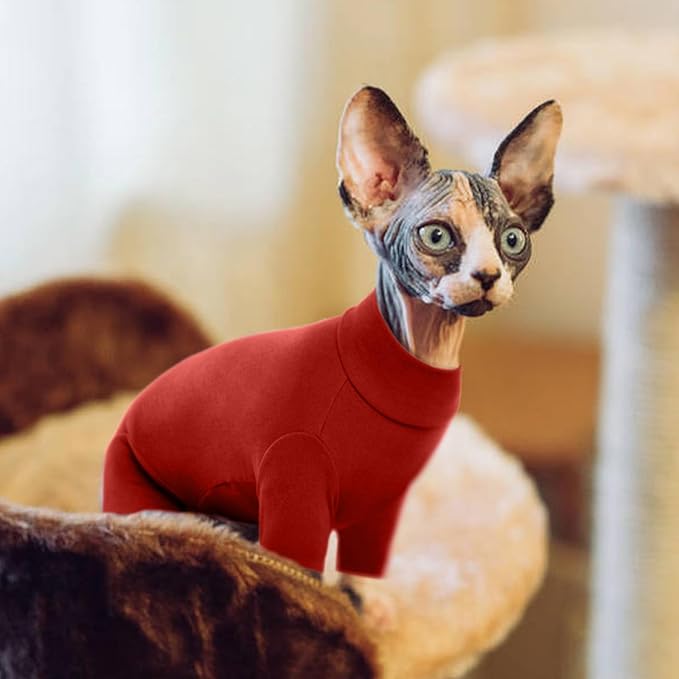 ROZKITCH Cat Jumpers, Breathable Soft Cat Jumpers for Cats Only, Coat with Four Legs, Warm Sweater T-Shirt Pajamas Jumpsuit Vest Cornish Rex Devon Rex Peterbald Red S