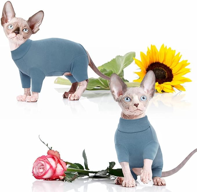 ROZKITCH Hairless Cat Jumpsuit, Breathable Soft Jumpers for Sphynx Only, Coat with Four Legs, Warm Sweater T-Shirt Pajamas Jumpsuit Vest Cornish Rex, Devon Rex, Peterbald Blue M