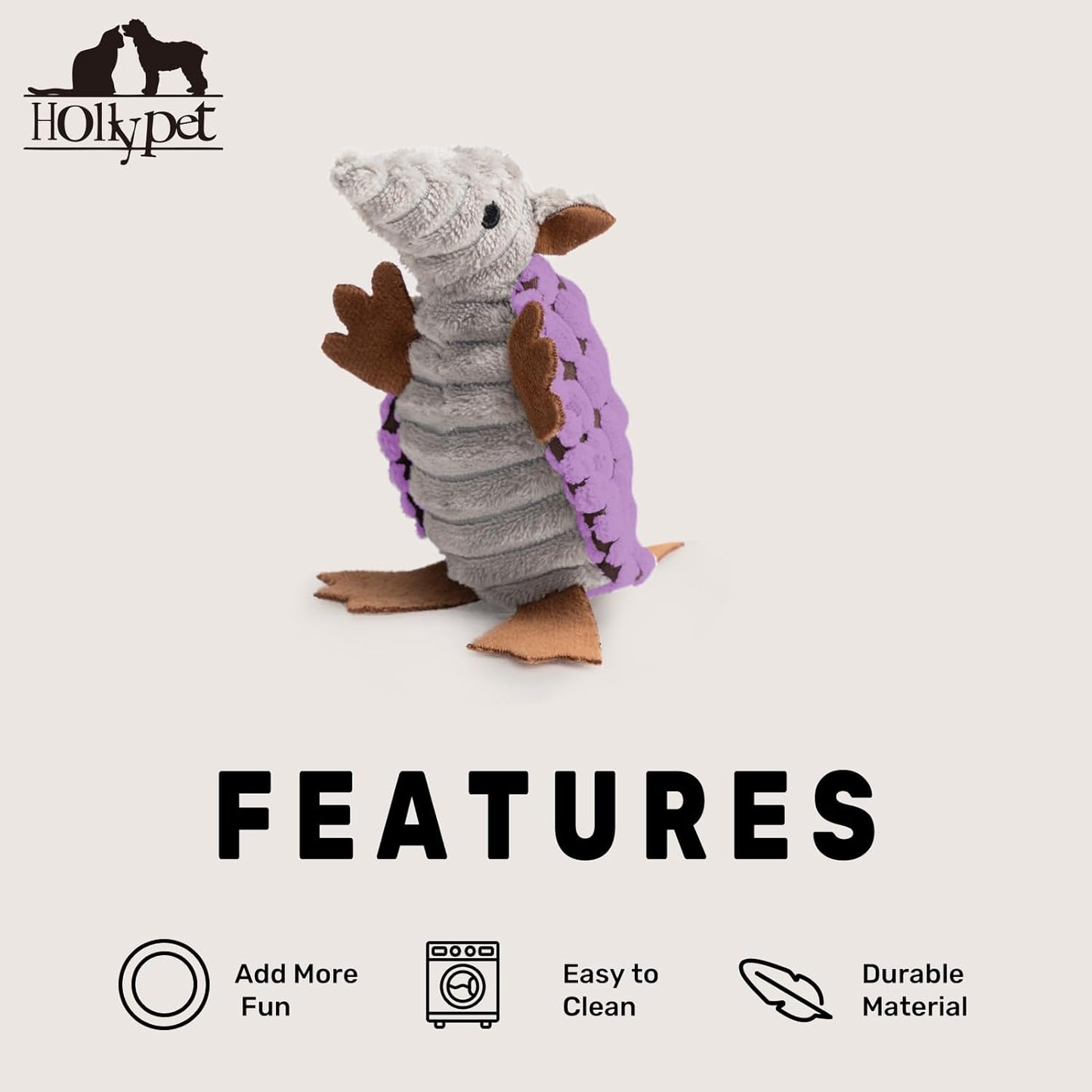 Hollypet Plush Dog Squeaky Toy Stuffed Armadillo Animal Pet Puppy Chew Toys with Clean Teeth for Small Medium Large All Breed Sizes Dogs, Purple, 6 in