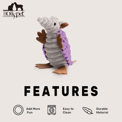 Hollypet Plush Dog Squeaky Toy Stuffed Armadillo Animal Pet Puppy Chew Toys with Clean Teeth for Small Medium Large All Breed Sizes Dogs, Purple, 6 in