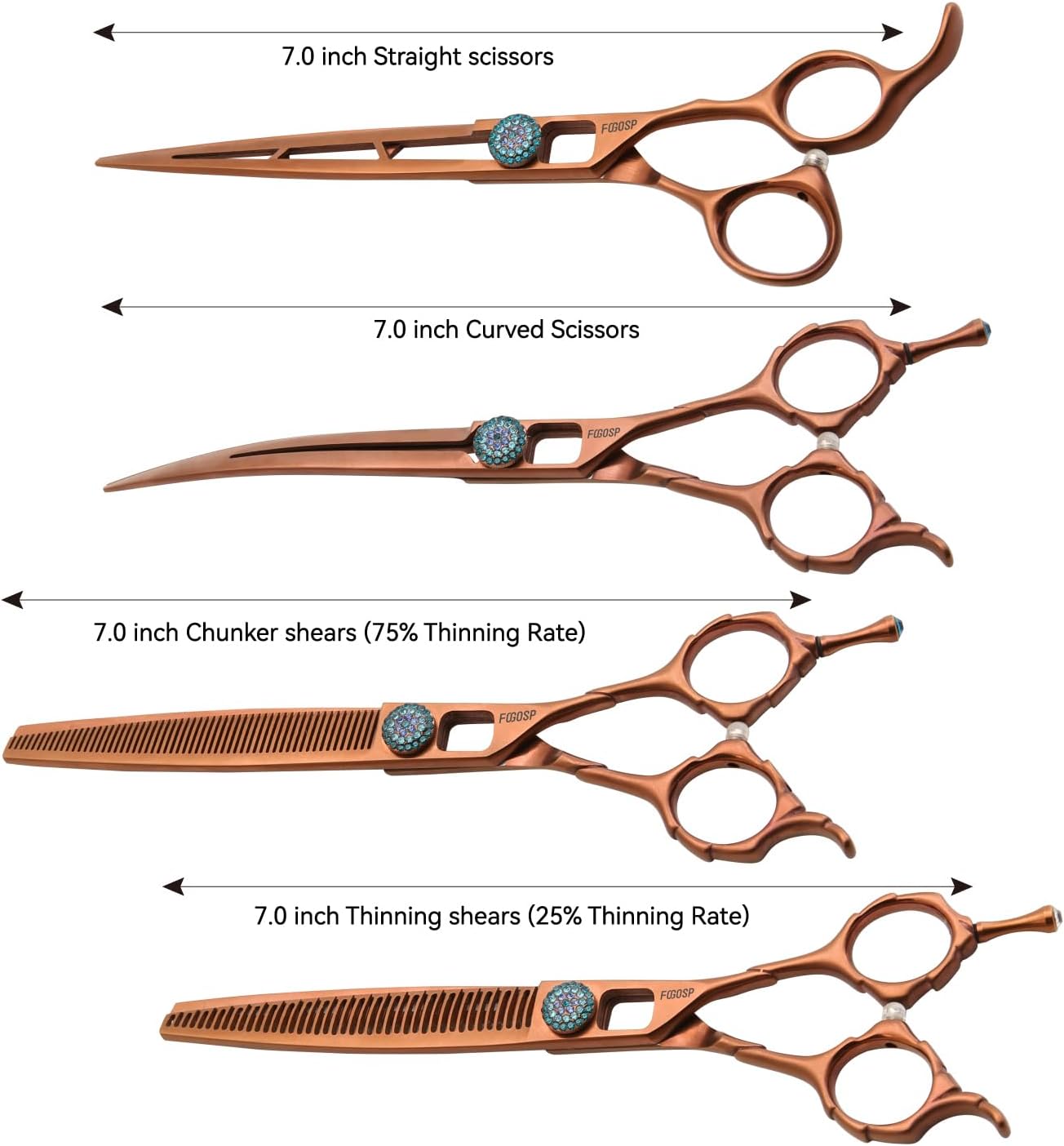 7'' Dog Grooming Scissors Set 4PCS Curved Thinning Straight Chunkers Shears Kit with Hollow Out Design Ergonomic Offset Handle High Cobalt Alloy Steel Sharp and Durable(7, Chocolate Kit)