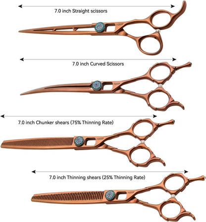 7'' Dog Grooming Scissors Set 4PCS Curved Thinning Straight Chunkers Shears Kit with Hollow Out Design Ergonomic Offset Handle High Cobalt Alloy Steel Sharp and Durable(7, Chocolate Kit)