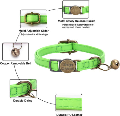 Cat Collar Breakaway, Personalized Leather Cat Collar with Bells-Adjustable Customized Collar with Name & Phone Number Tag for Girl Boy Cats-Quick Release Buckle for Cats & Kittens(LimeGreen)