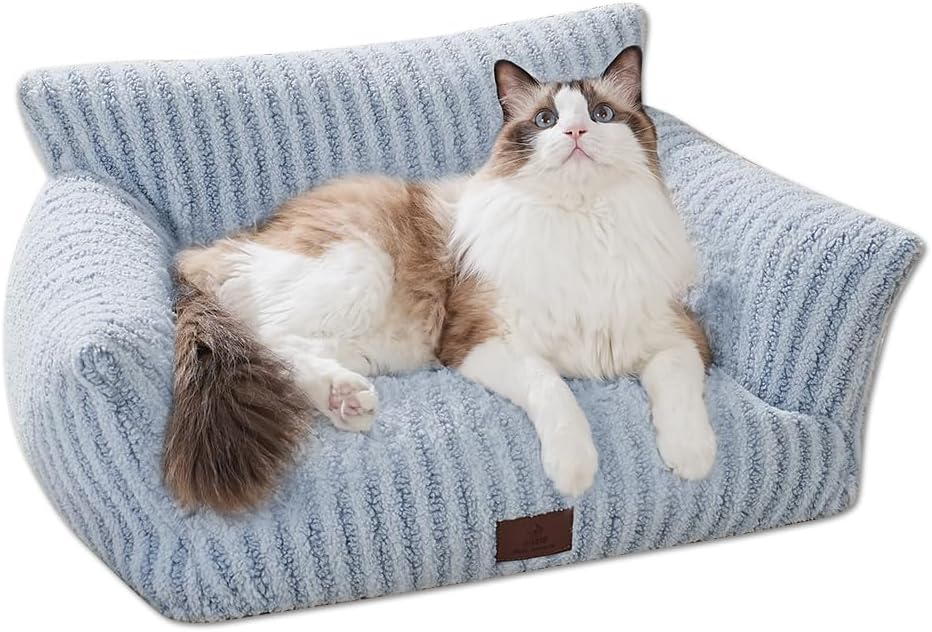 Cozy Couch for Cats Fluffy Pet Sofa with Premium Soft Fleece Fuzzy Cat Beds for Indoor Cat with Removable Washable Cover Supportive Pet Bed 24×18inch Blue