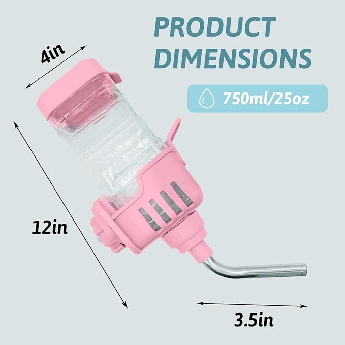 BNOSDM 25 oz Rabbit Water Bottle No Drip for Cage, Top Fill Hanging Water Dispenser for Bunny Crate, Auto Water Feeder for Chinchillas,Squirrels,Guinea Pigs (Pink)