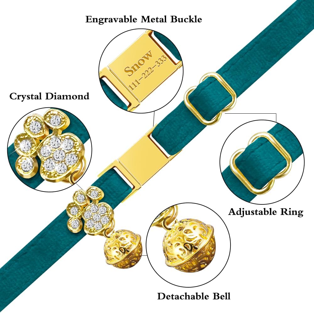 Personalized Breakaway Cat Collars - Magnetic Buckle, Bell - Safety Quick Release, Customized for Girls & Boys Cats- (Velvet-Green)