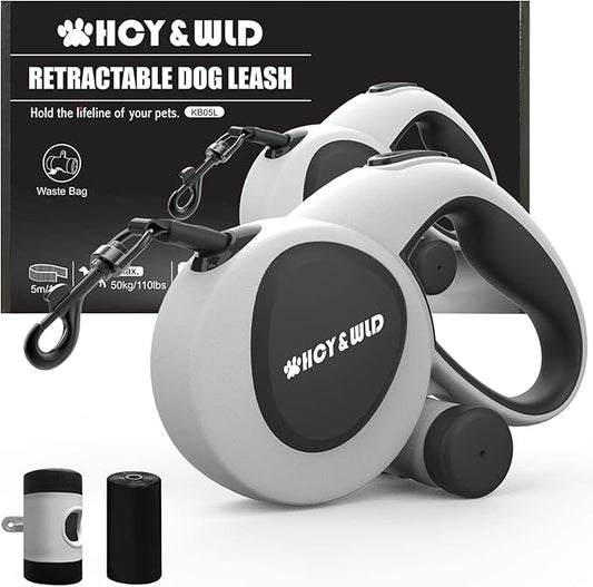 HCY&WLD Upgrade 3-in-1 Retractable Dog Leash with Integrated Dispenser & Poop Bags, 16 ft Heavy Duty Dog Leash with Anti-Slip Handle for Dogs up to 110 lbs, 360° Tangle-Free, One Button Brake & Lock