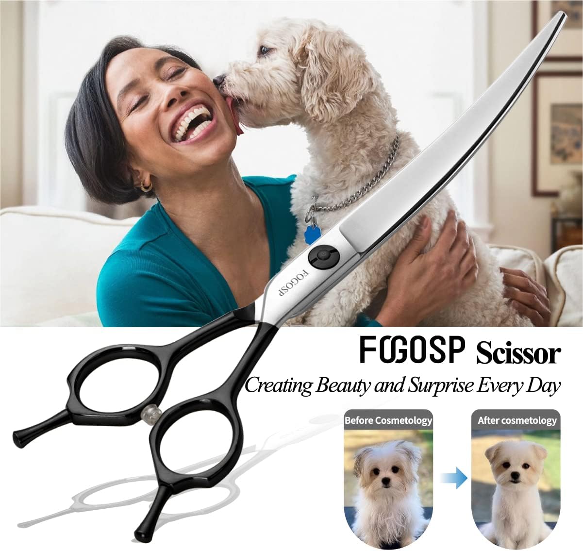 Curved Dog Grooming Scissors Professional 7" Grooming Shears for Dogs Pet Right Handed Groomer Japan 440C Stainless Steel (7 in Curved, Black)