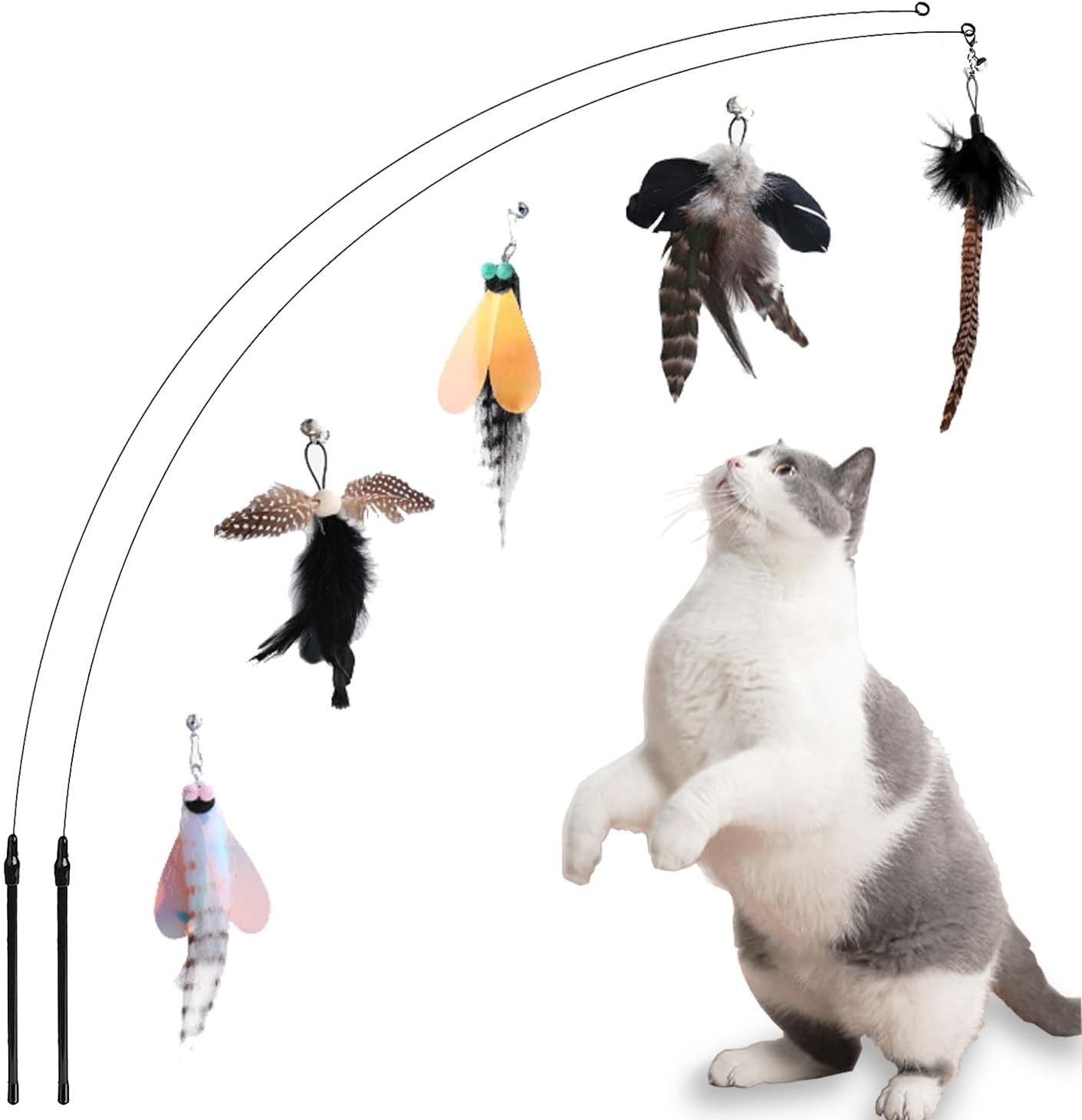 Cat Feather Toys, Indoor Cat Interactive Toys, 2 PCS Flexible Wire and 5 PCS Cat Feather Toys, for Bored Indoor Cats, Indoor Cat Chase Toys