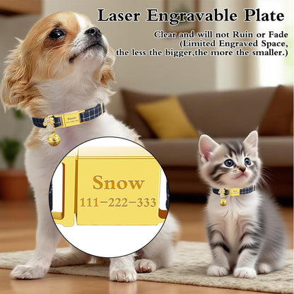 Personalized Breakaway Cat Collars - Magnetic Buckle, Bell - Safety Quick Release, Customized for Girls & Boys Cats- (Checkered-Navy)