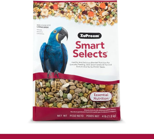 ZuPreem Smart Selects Bird Food, Daily Nutrition for Amazons, Cockatoos, and Macaws, Bird Feed Pellets and Seed Blend, Cockatoo Food, Macaw Diet, Made in USA, (Large, 4 lb bag)