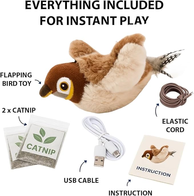 Toys Rechargeable Flapping Bird Sparrow (Not Flying), Lifelike Chirp Tweet, Touch Activated Kitten Toy Interactive Cat Exercise Toys for All Breeds Cat Kicker Catnip Toys (White Sparrow)