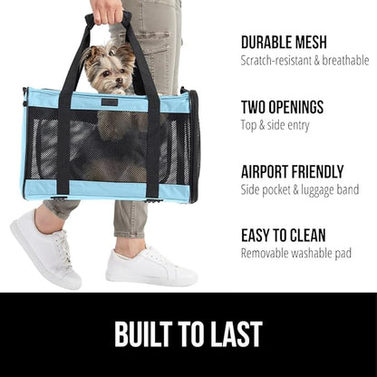 GORILLA GRIP Cat Carrier Travel Bag Up to 15 Lbs, Soft Collapsible Small Dog Carriers, Top and Side Entry Breathable Mesh, Grip Feet on Underside, Cozy Washable Waterproof Pad, Portable Kennel, Blue
