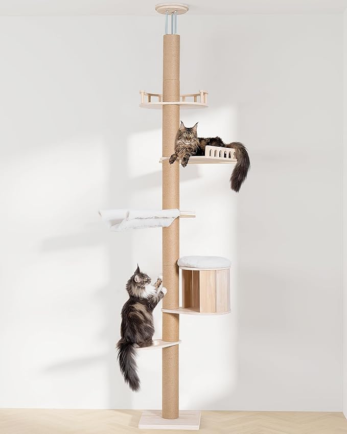 Tall Floor to Ceiling Cat Tree for Large Cats, Cat Tower with Scratching Post, Adjustable Height(82-122 in), Large Condo Cave Bed and Hammock for Indoor Cats, Cat Climbing Pole, Wood