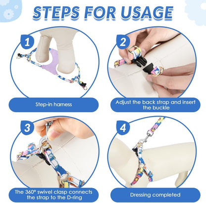 SlowTon No Pull Dog Harness with Leash - Soft Lightweight Floral Pattern Puppy Harness, Adjustable Pet Harness for Small Medium Dogs (Blue Flower XS)