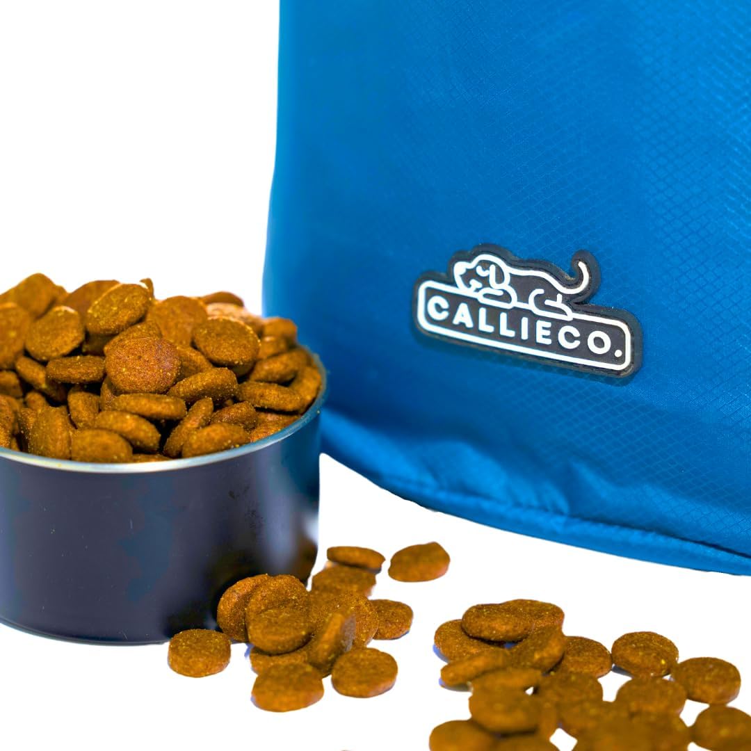 Callieco Dog Food Travel Bag w/ 1 Cup Scoop and Zipper Side Pocket | Waterproof Kibble Storage Container for Home, Road Trips, Camping, Boarding and More (Blue, 64 Cups)
