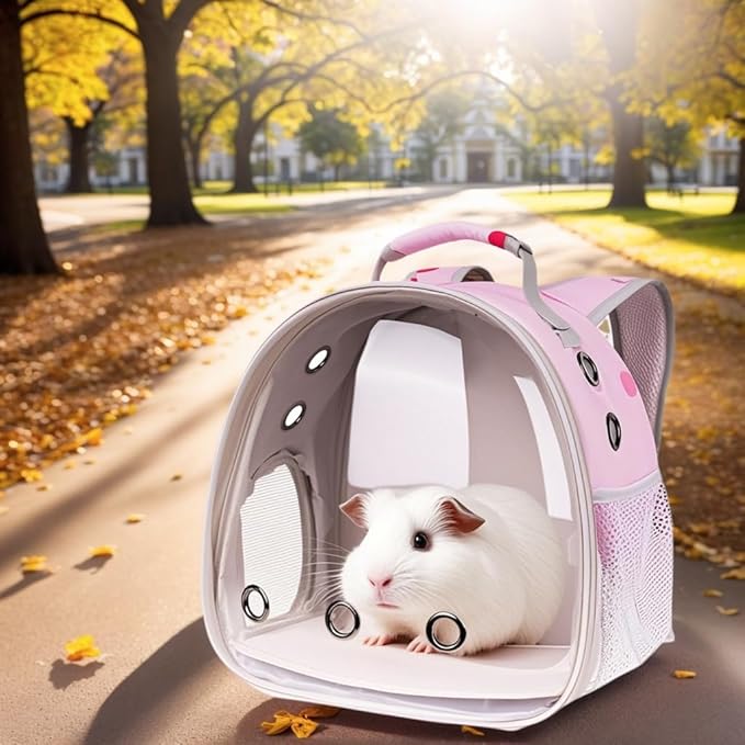 Portable Small Animal Backpack with Pink Flower Printing, Space Capsule Bubble Pet Carrier Cage Travel for Guinea Pig, Rabbit, Hamster, Bird, Bearded Dragon, Sugar Glider, Squirrel, Tortoise, Lizard