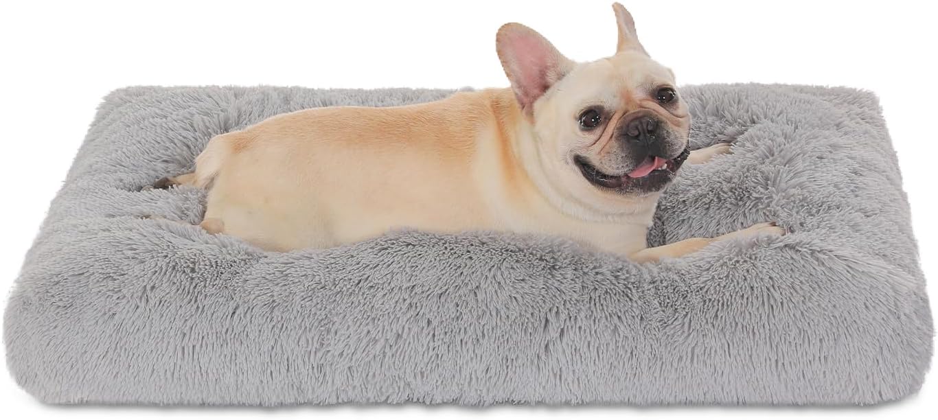 Bedfolks Waterproof Dog Crate Pad, Plush Dog Kennel Bed - Faux Fur, Washable - 35"x23", Solid Light Grey