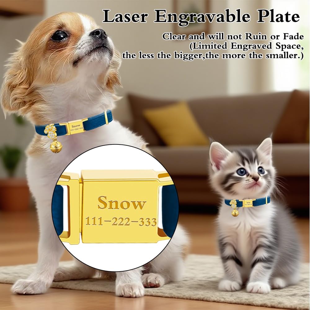 Personalized Breakaway Cat Collars - Magnetic Buckle, Bell - Safety Quick Release, Customized for Girls & Boys Cats- (Velvet-Navy)