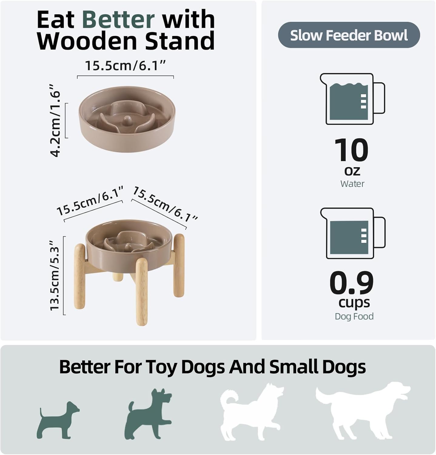 Ceramic 0.9 Cup Raised Dog Slow Feeder Set, Elevated Bowl with Wooden Stand for Small Dog and Cat, 6.1inch Puzzle Slow Dog Food Dish, Preventing Choking(Brown Coffee, Single Bowl+ Stand)