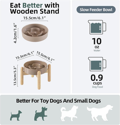 Ceramic 0.9 Cup Raised Dog Slow Feeder Set, Elevated Bowl with Wooden Stand for Small Dog and Cat, 6.1inch Puzzle Slow Dog Food Dish, Preventing Choking(Brown Coffee, Single Bowl+ Stand)