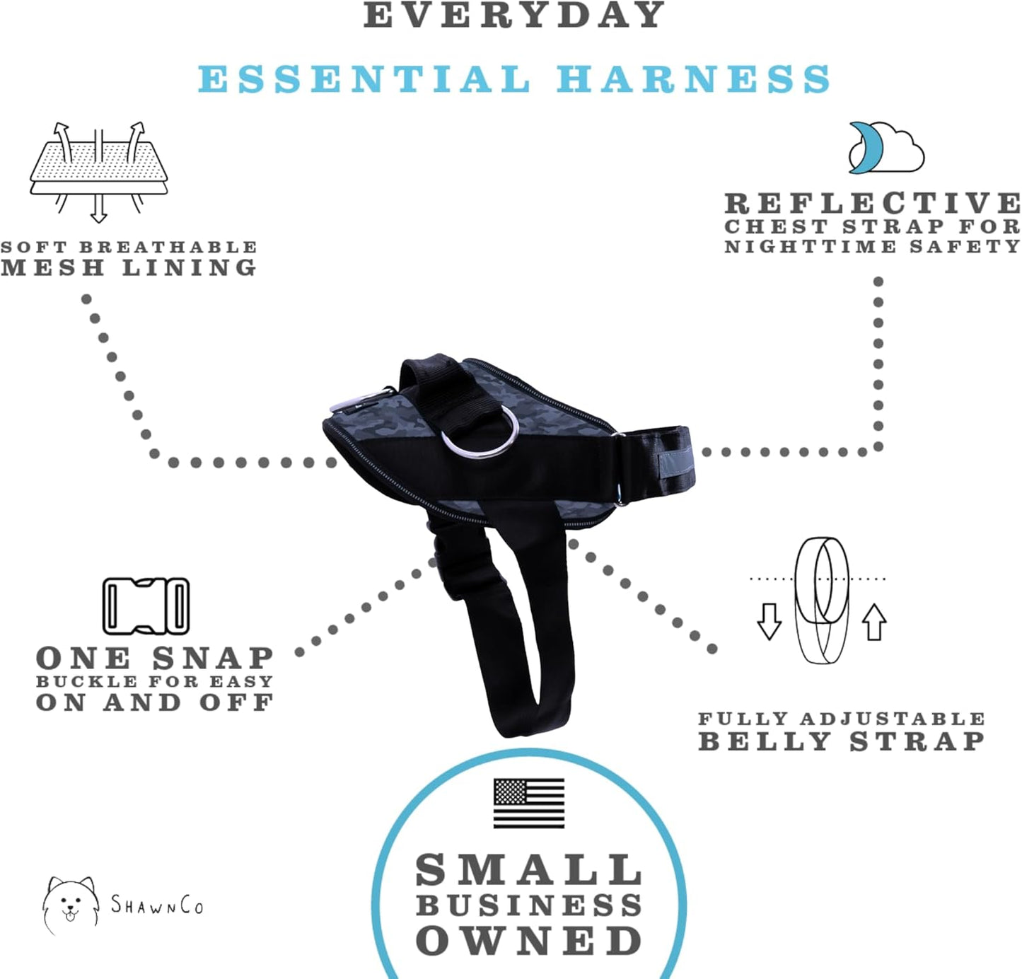 ShawnCo Essential Dog Harness, No-Pull Pet Vest with 3 Leash Clips, No Choke, Reflective, Adjustable and Padded, for Easy Walking and Training for Small, Medium and Large Dogs (Dark Camo, S)