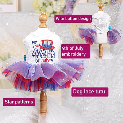 ANIAC 4th of July Girl Dog Dress with Stars Independence Puppy Clothes for Small Dog 1st Independent Day Cat Outfit Patriotic Pet Princess Tutu Skirt (Independence, X-Small)