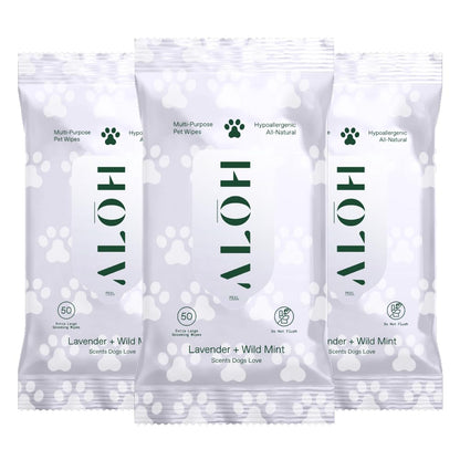 ALŌH Hypoallergenic | All-Natural | Multi-Purpose Pet Wipes. Lavender + Wild Mint 3 Pack of 50ct Wipes (150 Wipes)
