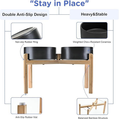 SPUNKYJUNKY Elevated Dog Bowls Ceramic, 8.3'' Dogs Food Water Bowls Raised with Non-Slip Bamboo Stand for Large Sized Breed Microwave Dishwasher Safe - 60 OZ,Black
