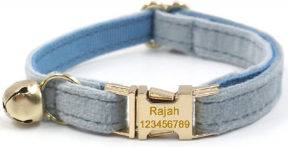 Personalized Cat Collar with Bells,Velvet Customized Small Cat Collar with Name Tag,Pet Collar with Name Phone Number Engraved ID Tags for Boy and Girl Kitten Cats (Mist Blue)