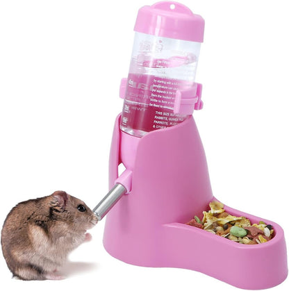 Wontee 3 in 1 Hamster Water Bottle Small Pet Automatic Water Dispenser with Food Container Base Hideout for Dwarf Hamster Mice Gerbils, 2 Pack (Pink, 80ML)