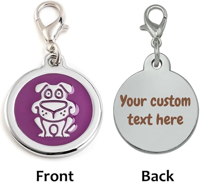 Personalized Funky Dog Design Pet ID Tags with Quick Tag Clip - Puppy Name tag, Happy Dogs ID tag, Laser Engraved pet Tags, Custom pet Name tag (Dog-Round-Small: Purple)