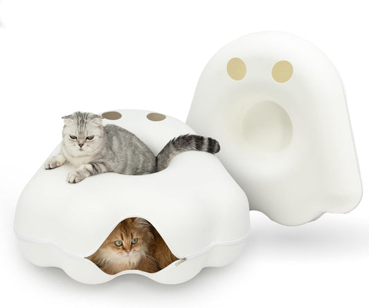 Cattasaurus Unique Gothic Peeka-Boo Cat Cave Duo Jumbo Set, Extra Spacious for Multiple & Large Cats 15+ lbs, Scratch Detachable Cat Beds for Indoor Cats, Washable Tunnel Bed