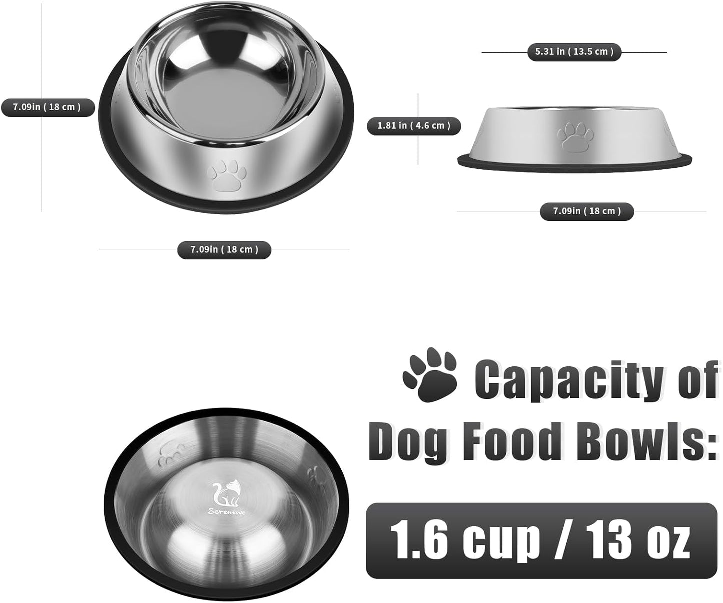 3Pcs Stainless Steel Dog Bowls Set with Dog Paw Pattern- Non-Slip Food and Water Bowl 13 Oz - Dishwasher-Safe, Rust Resistant Metal Pet Bowls for Small/Medium/Large Sized Pets