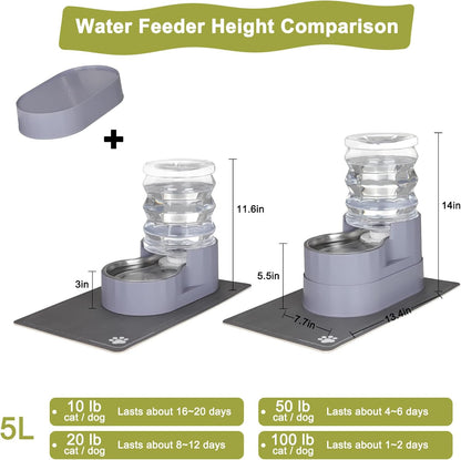 RIZZARI Automatic Pet Water Dispenser: 5L Gray Cats and Dogs Gravity Feeder - Stainless Steel Bowl - Outdoor Hiking Use