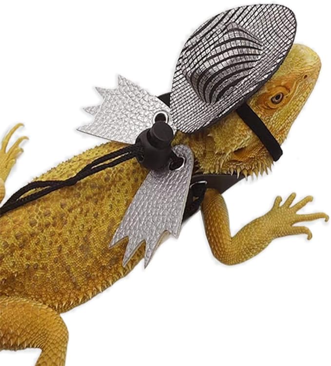 Adjustable Bearded Dragon Leash Harness with Hat Set,3 Size Pack Leather Wings Safty Walking Leash for Bearded Dragon Lizard Reptiles (Purple Hat and Black Harness Set)